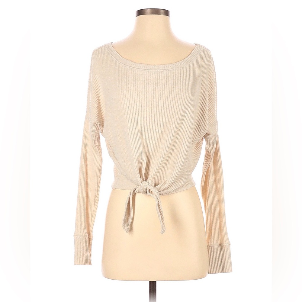Abercrombie & Fitch Ribbed Tie-Front Long Sleeve Top in Beige
